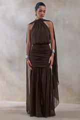 Veronique | Brown Halter-Neck Maxi Dress