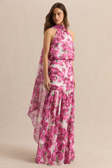 Veronique | Pink Hibiscus Floral Halter-Neck Maxi Dress