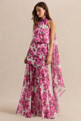 Veronique | Pink Hibiscus Floral Halter-Neck Maxi Dress