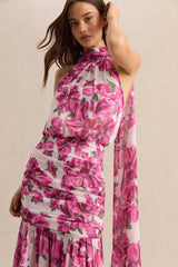 Veronique | Pink Hibiscus Floral Halter-Neck Maxi Dress