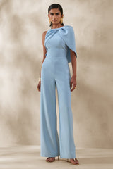 Quinley | Powder Blue Asymmetric-Neck Jumpsuit With Cape-Sleeve