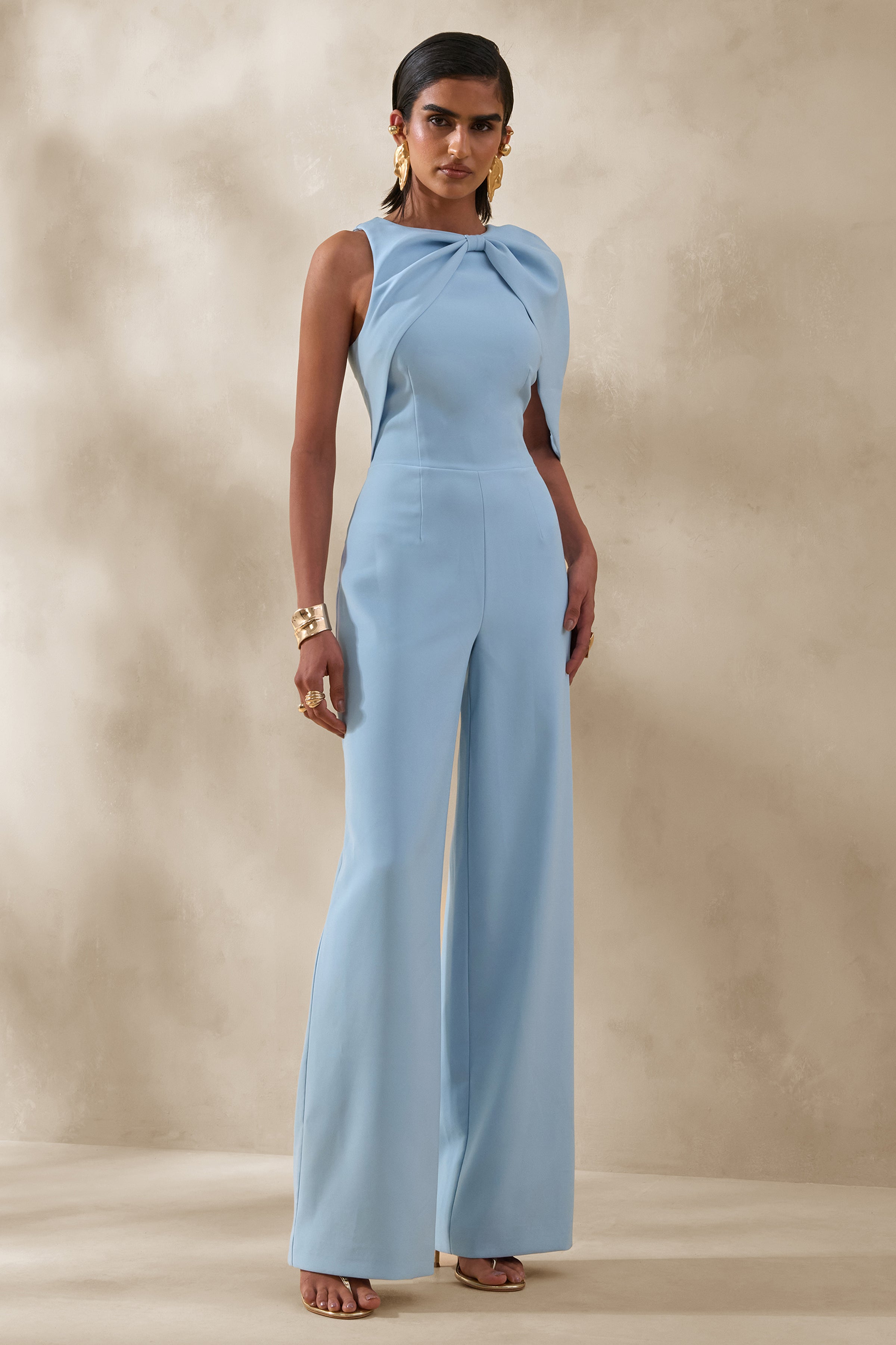 Quinley | Powder Blue Asymmetric-Neck Jumpsuit With Cape-Sleeve