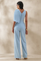 Quinley | Powder Blue Asymmetric-Neck Jumpsuit With Cape-Sleeve