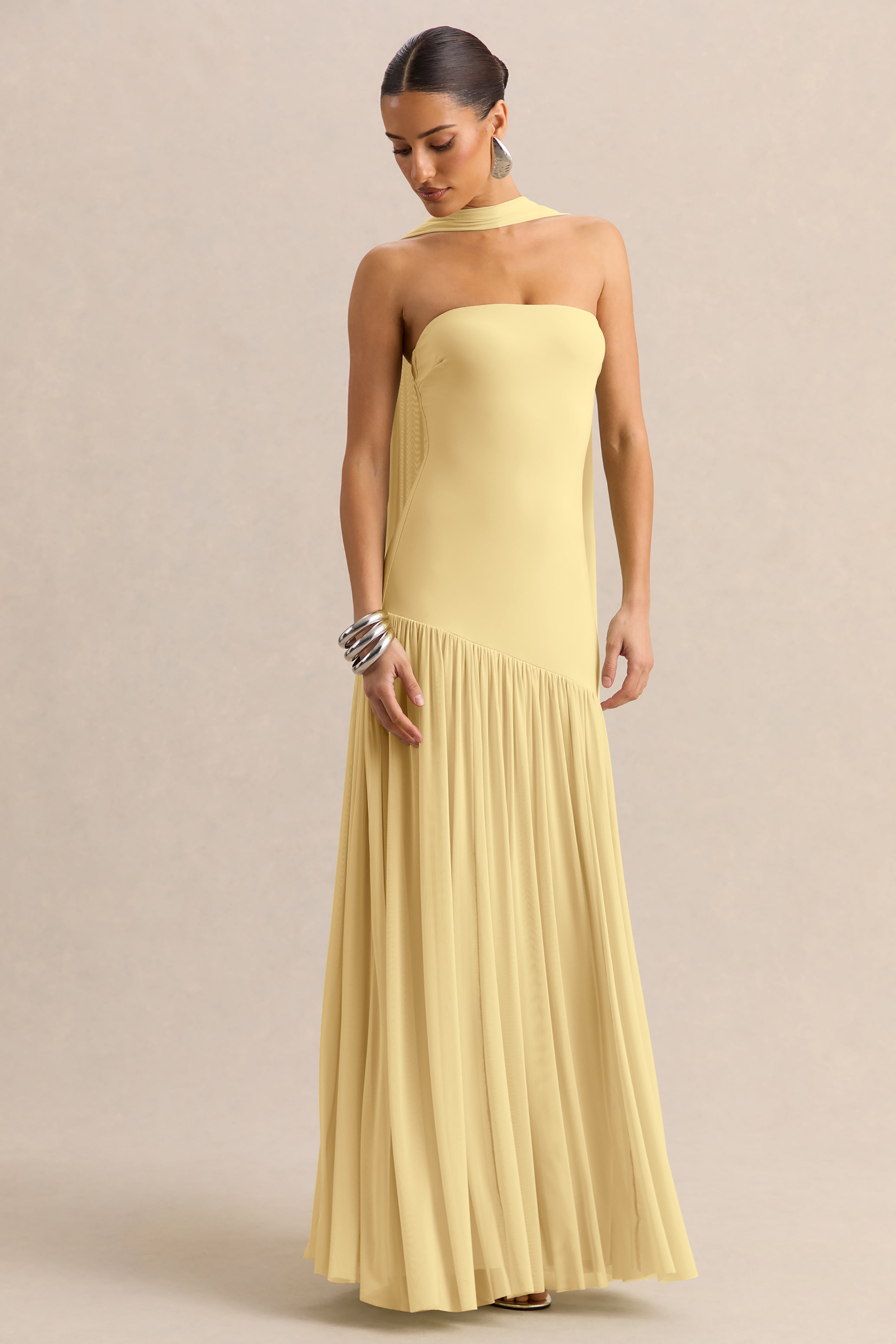 Bambi | Lemon Bandeau-Neck Maxi Dress With Scarf-Detail