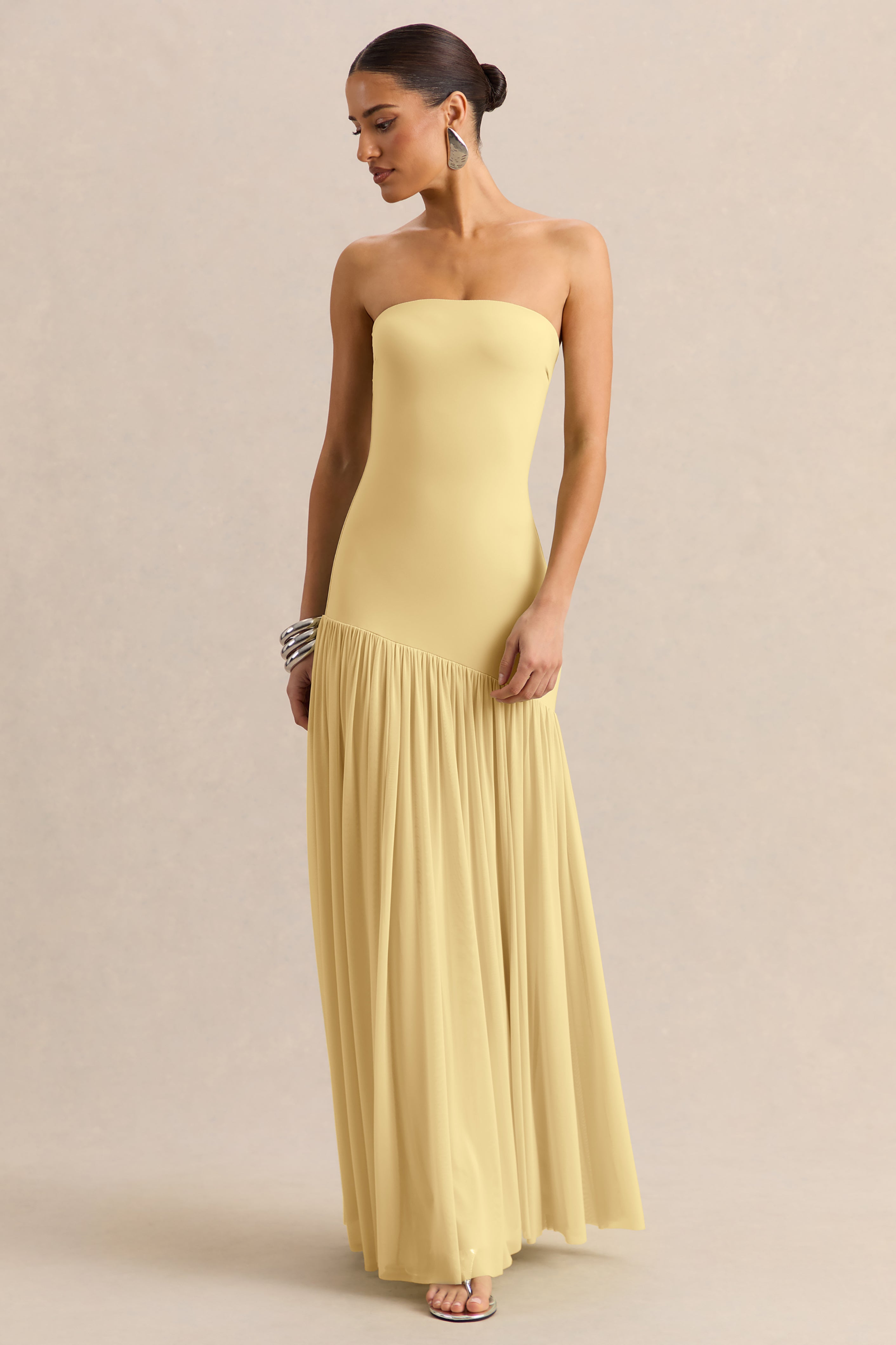 Bambi | Lemon Bandeau-Neck Maxi Dress With Scarf-Detail