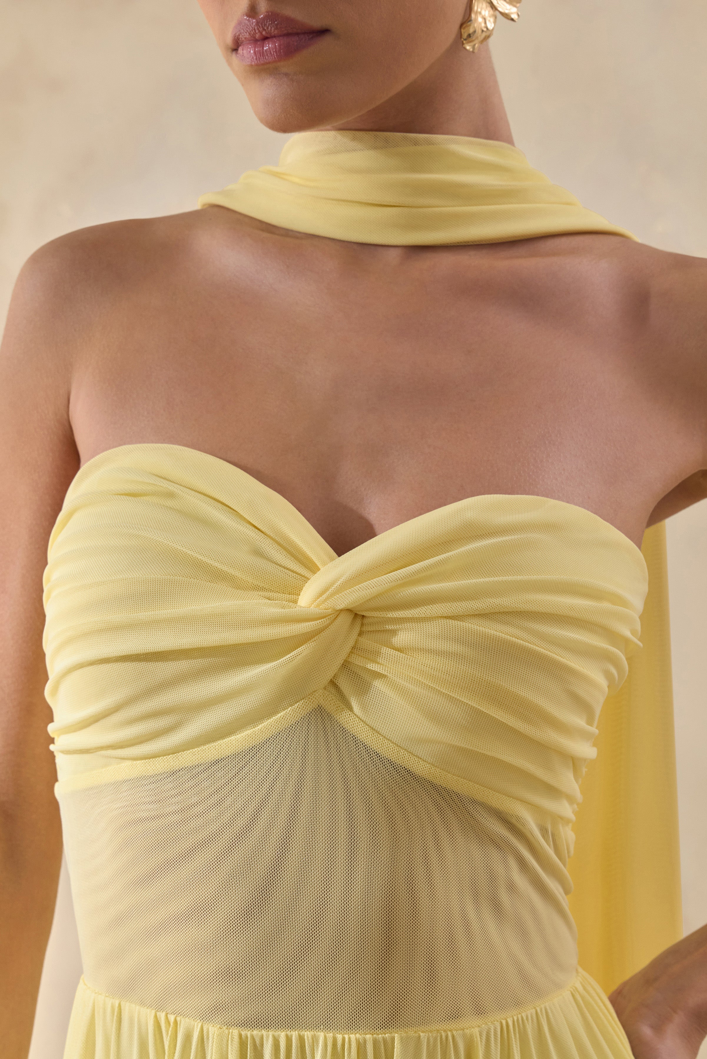 Lyvoria | Lemon Bandeau Maxi Dress With Mesh-Detail And Scarf