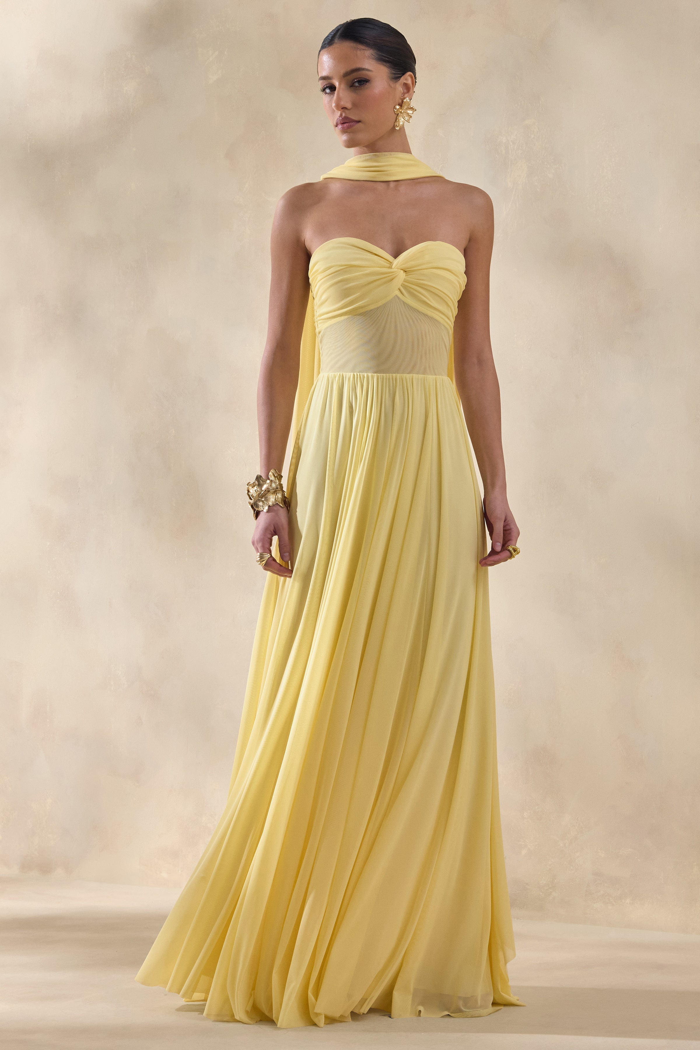 Lyvoria | Lemon Bandeau Maxi Dress With Mesh-Detail And Scarf