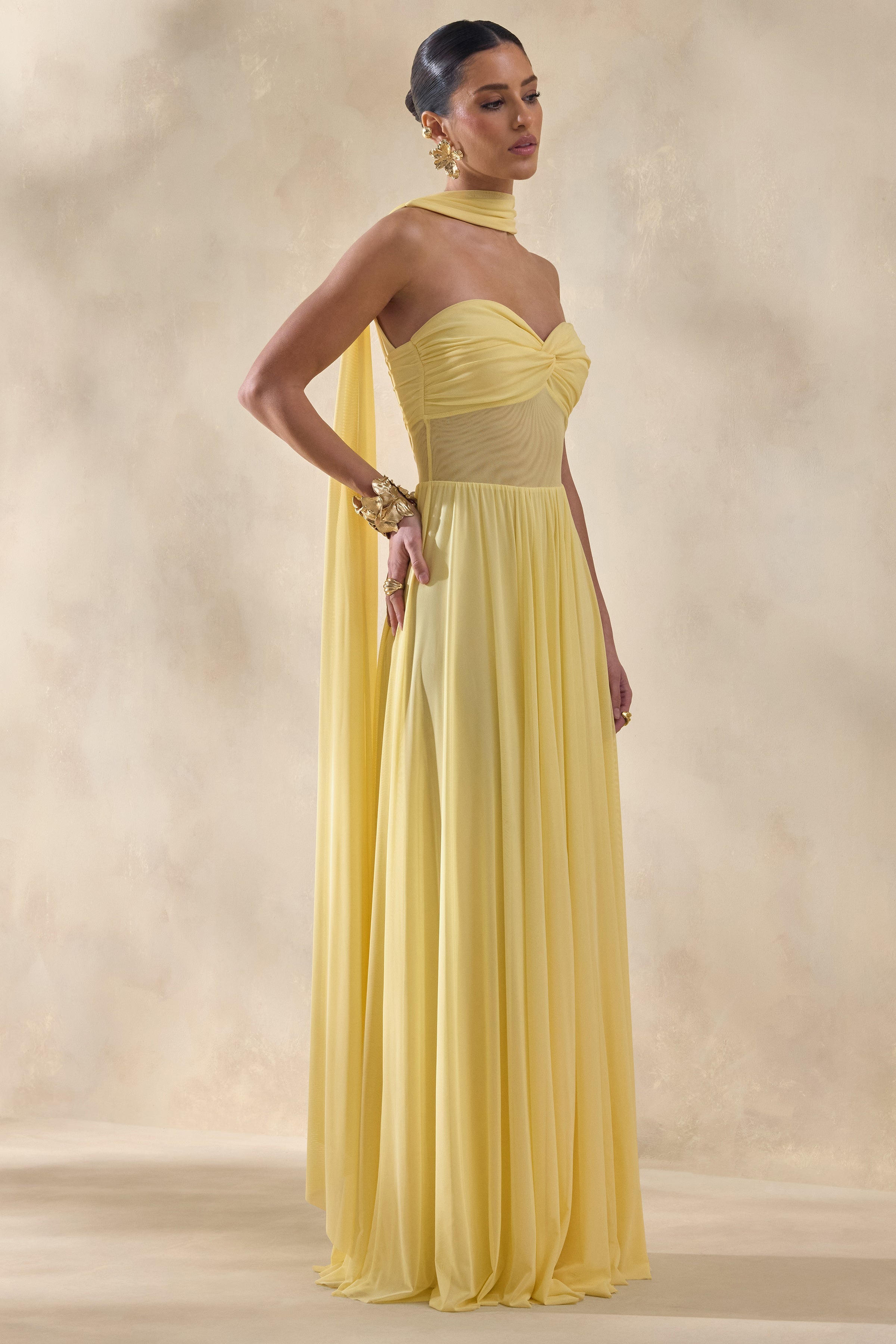 Lyvoria | Lemon Bandeau Maxi Dress With Mesh-Detail And Scarf