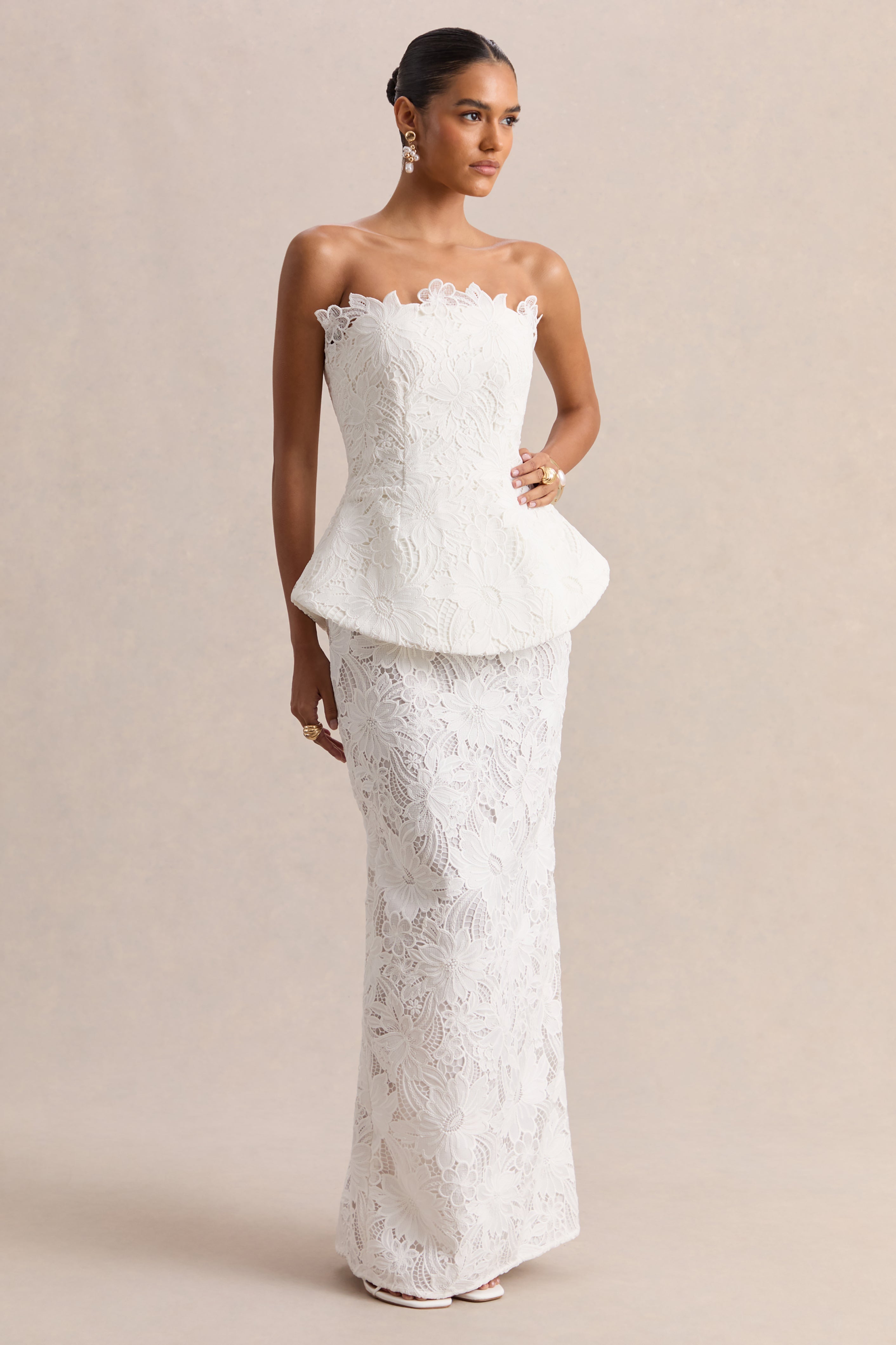 Delvine | White Lace Bandeau Corset Maxi Dress