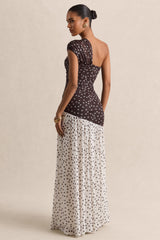 Motira | Brown Polka-Dot Asymmetric-Neck Maxi Dress With Asymmetric Drop-Waist