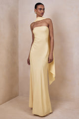 Charly | Lemon Matte Satin Bandeau Maxi Dress With Scarf-Detail