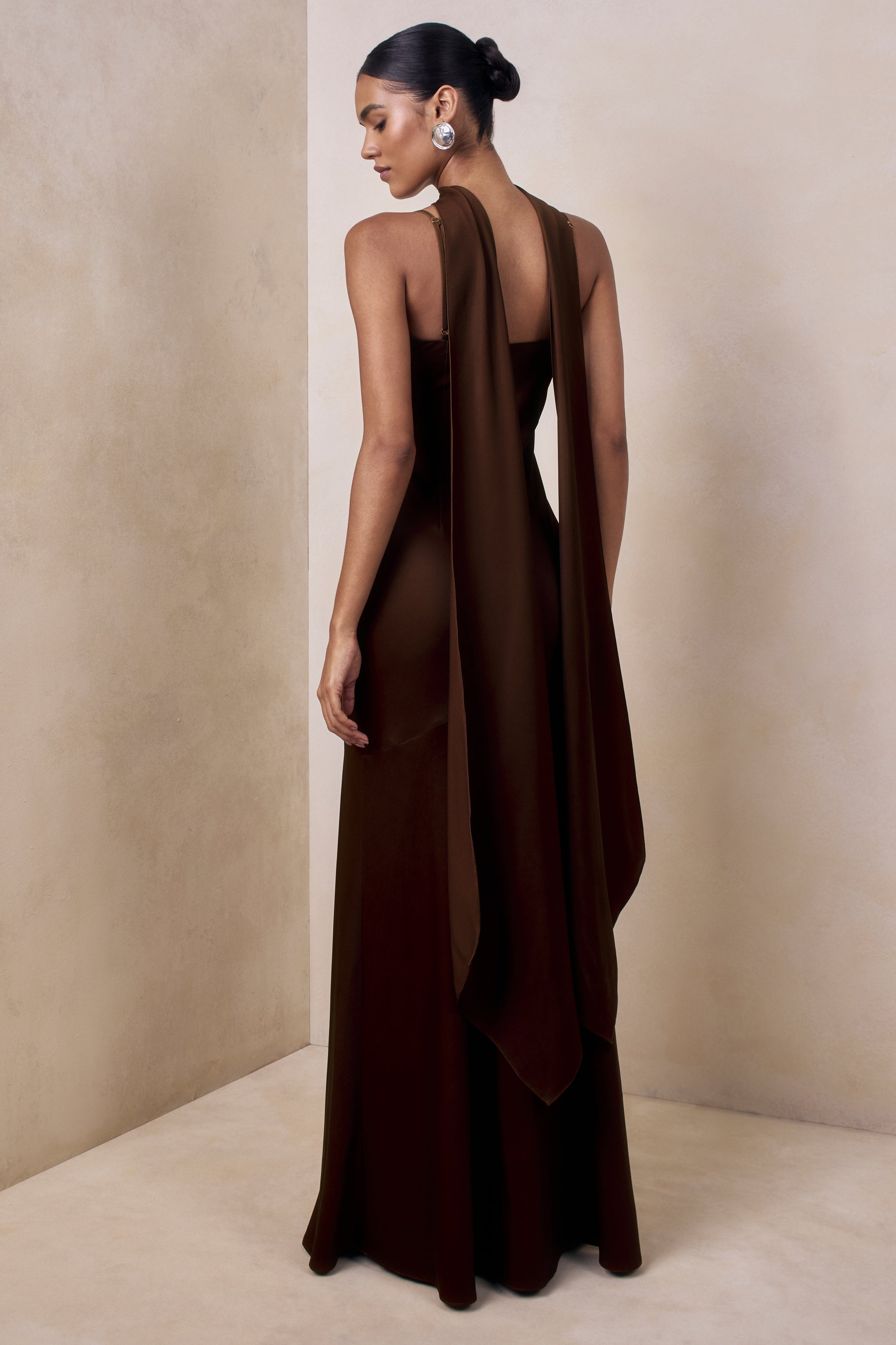 Starling | Brown Matte Satin Plunge-Neck Maxi Dress With Scarf-Detail