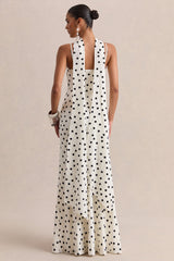 Starling | White & Black Polka Dot Matte Satin Plunge-Neck Maxi Dress With Scarf-Detail