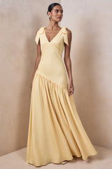 Cala | Lemon Matte Satin Plunge-Neck Maxi Dress With Bow-Sleeves