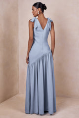 Cala | Powder Blue Matte Satin Plunge-Neck Maxi Dress With Bow-Sleeves