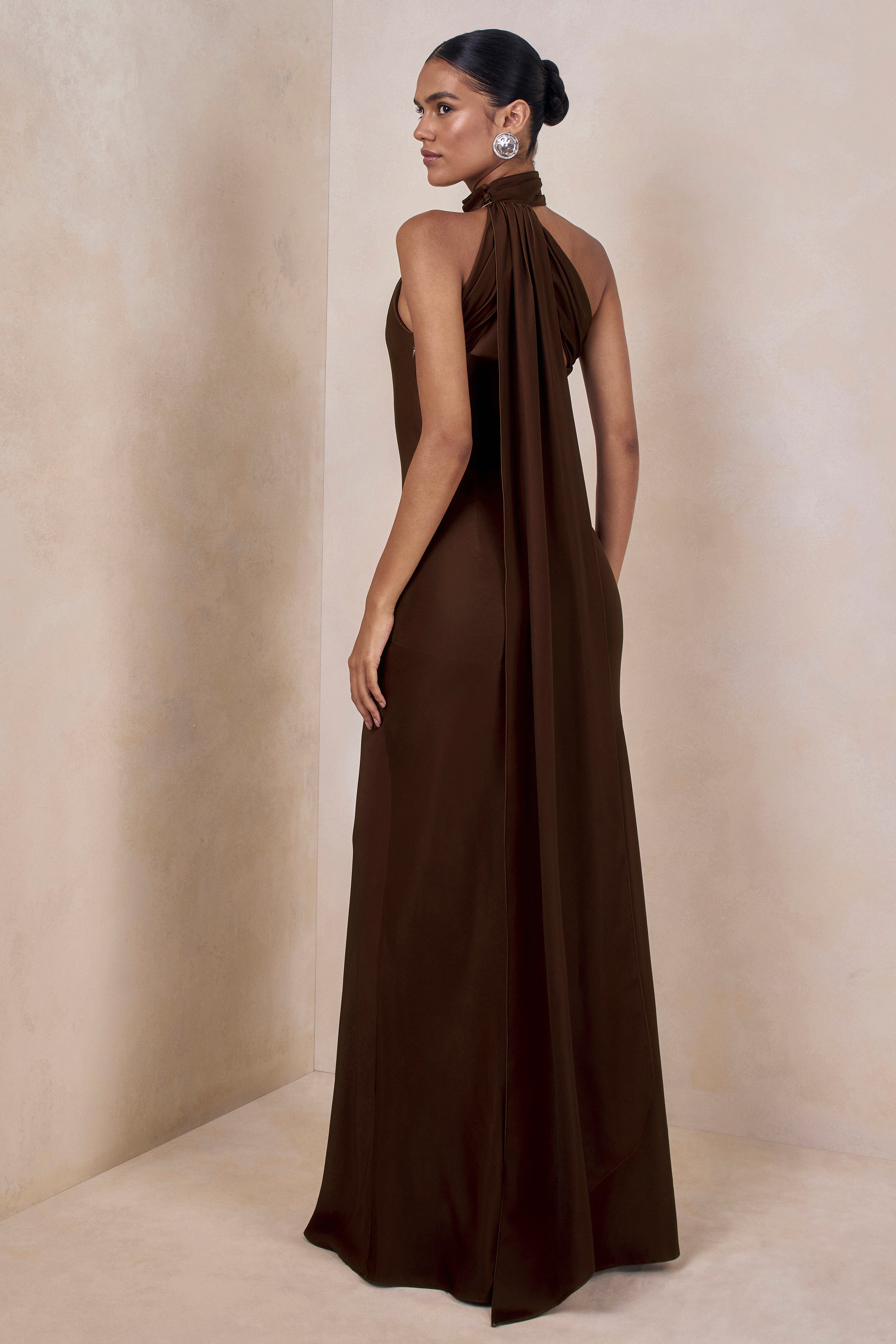 Cara | Brown Matte Satin High-Neck Maxi Dress