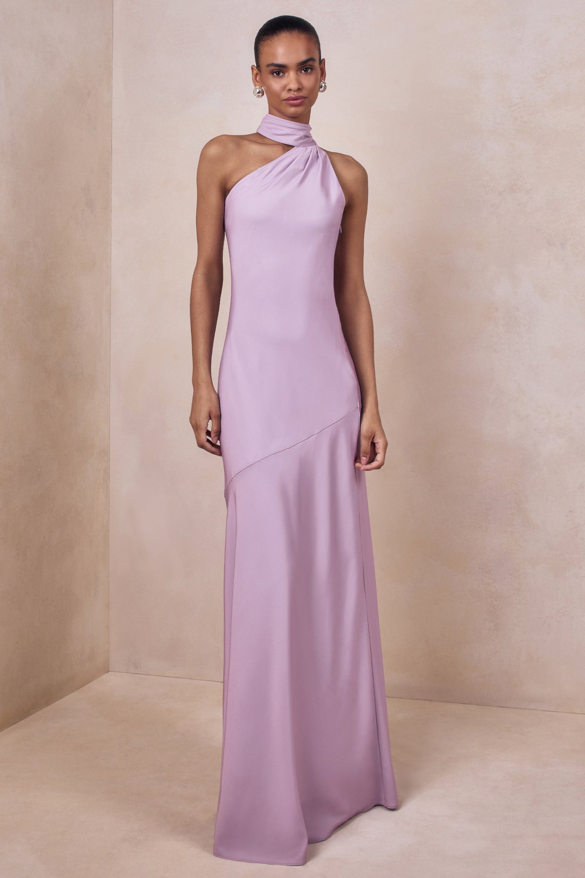 Cara | Lilac Matte Satin High-Neck Maxi Dress