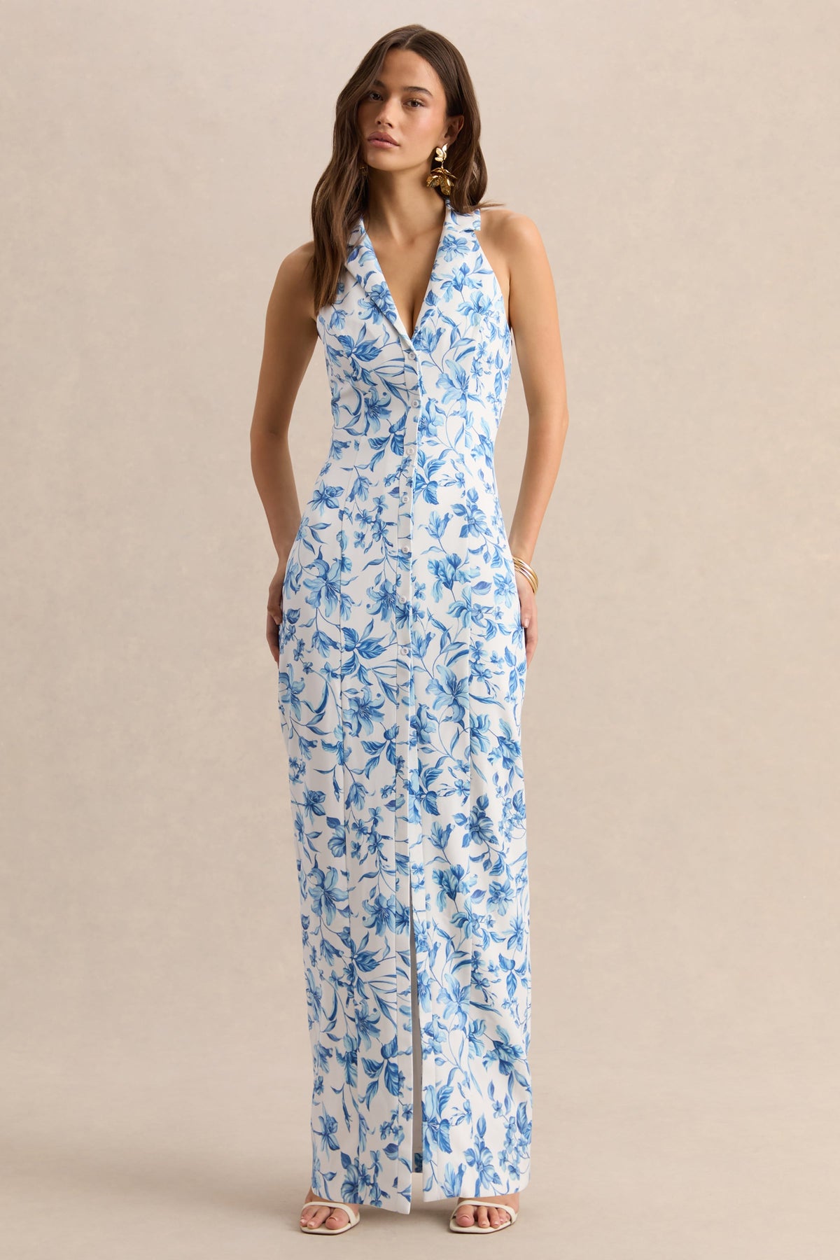 Quinn | Blue Porcelain Print Plunge-Neck Tailored Maxi Dress
