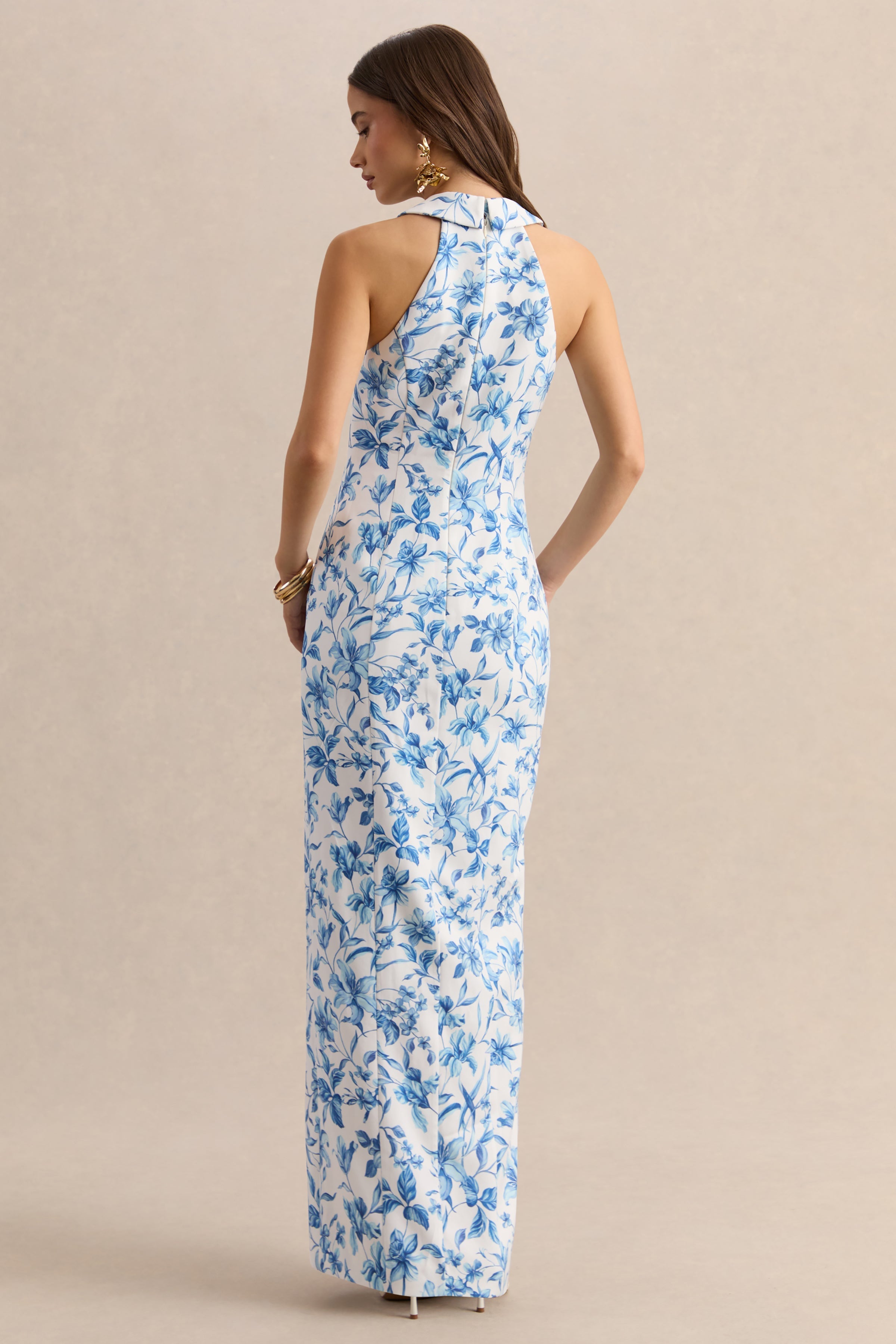 Quinn | Blue Porcelain Print Plunge-Neck Tailored Maxi Dress