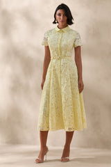 Zalie | Yellow Lace High-Neck Belted Midi Dress