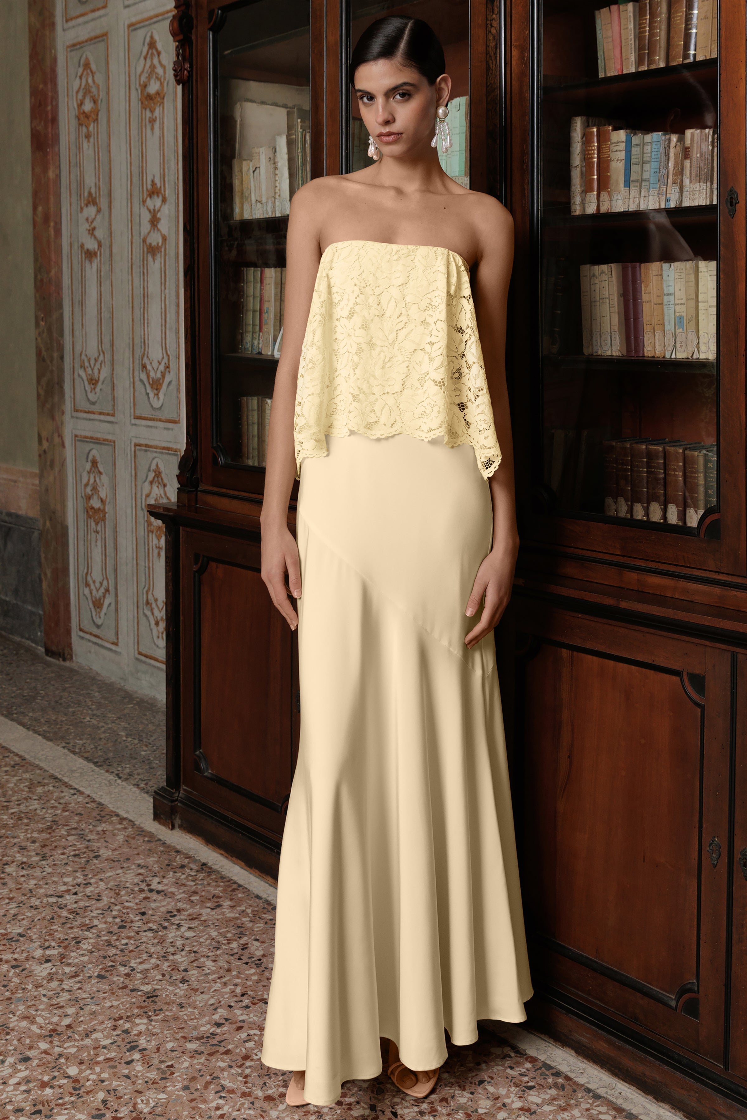 Clemency | Lemon Lace And Matte Satin Bandeau Maxi Dress