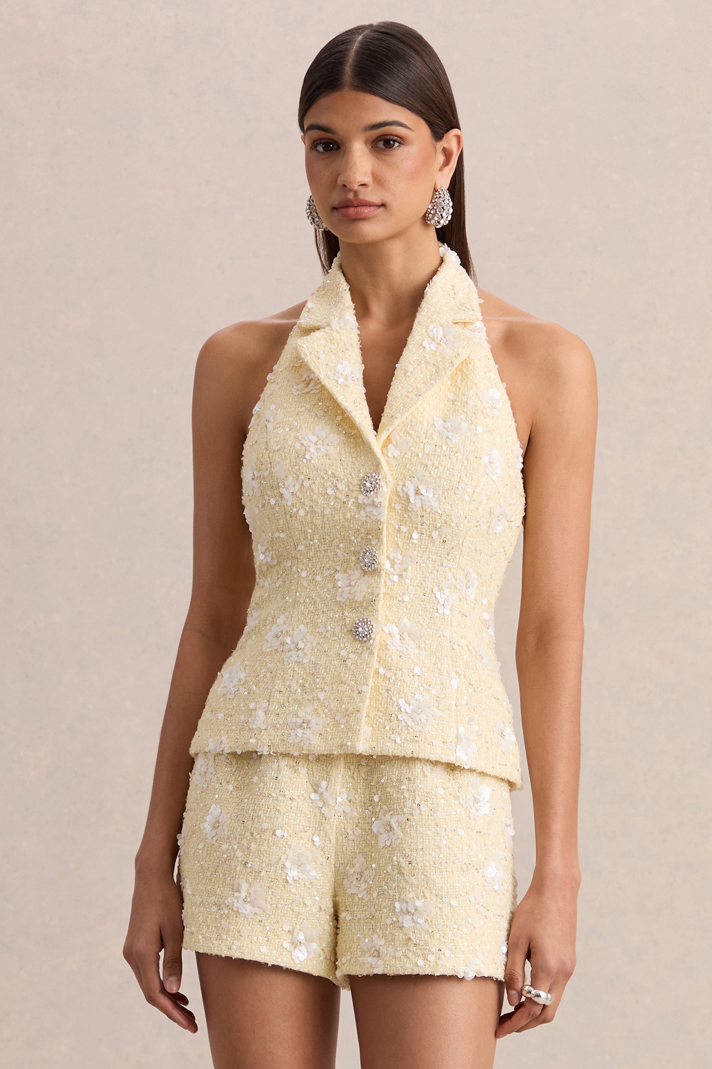 Alba | Lemon Boucle Plunge-Neck Crop-Top