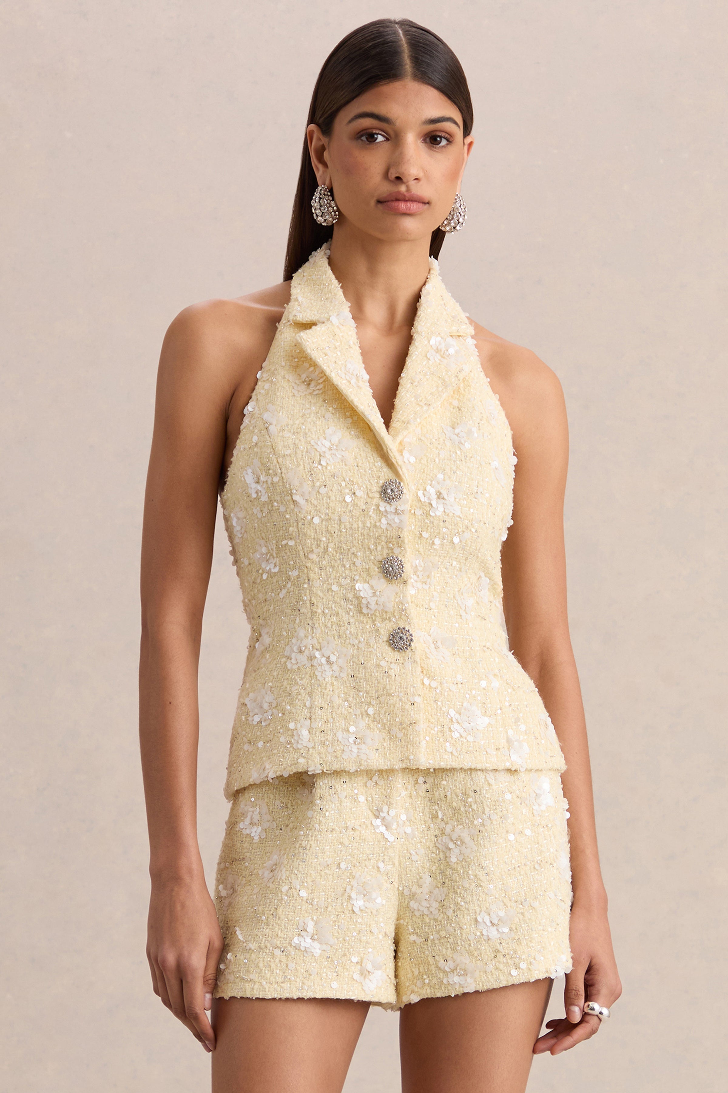 Alba | Lemon Boucle Plunge-Neck Crop-Top