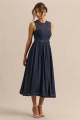 Anabella | Navy Lace Crew-Neck Belted Midi-Dress