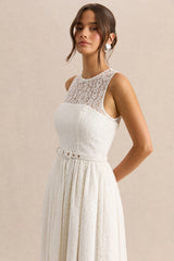 Anabella | White Lace Crew-Neck Belted Midi-Dress