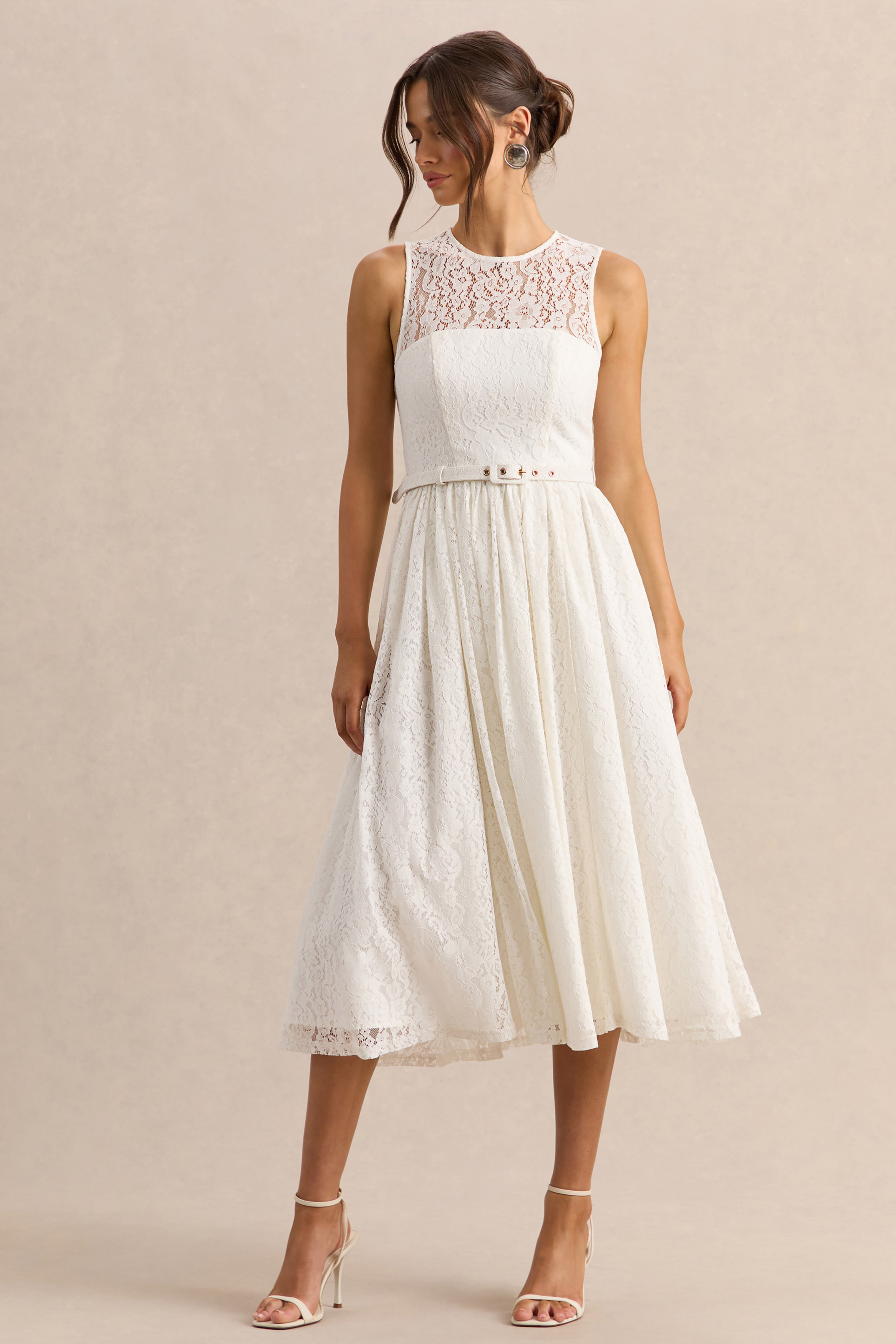 Anabella | White Lace Crew-Neck Belted Midi-Dress