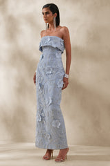 Misha | Light Blue 3D Floral Bandeau Maxi Dress