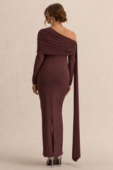 Cyra | Brown Asymmetric-Neck Maternity Maxi Dress With Sash