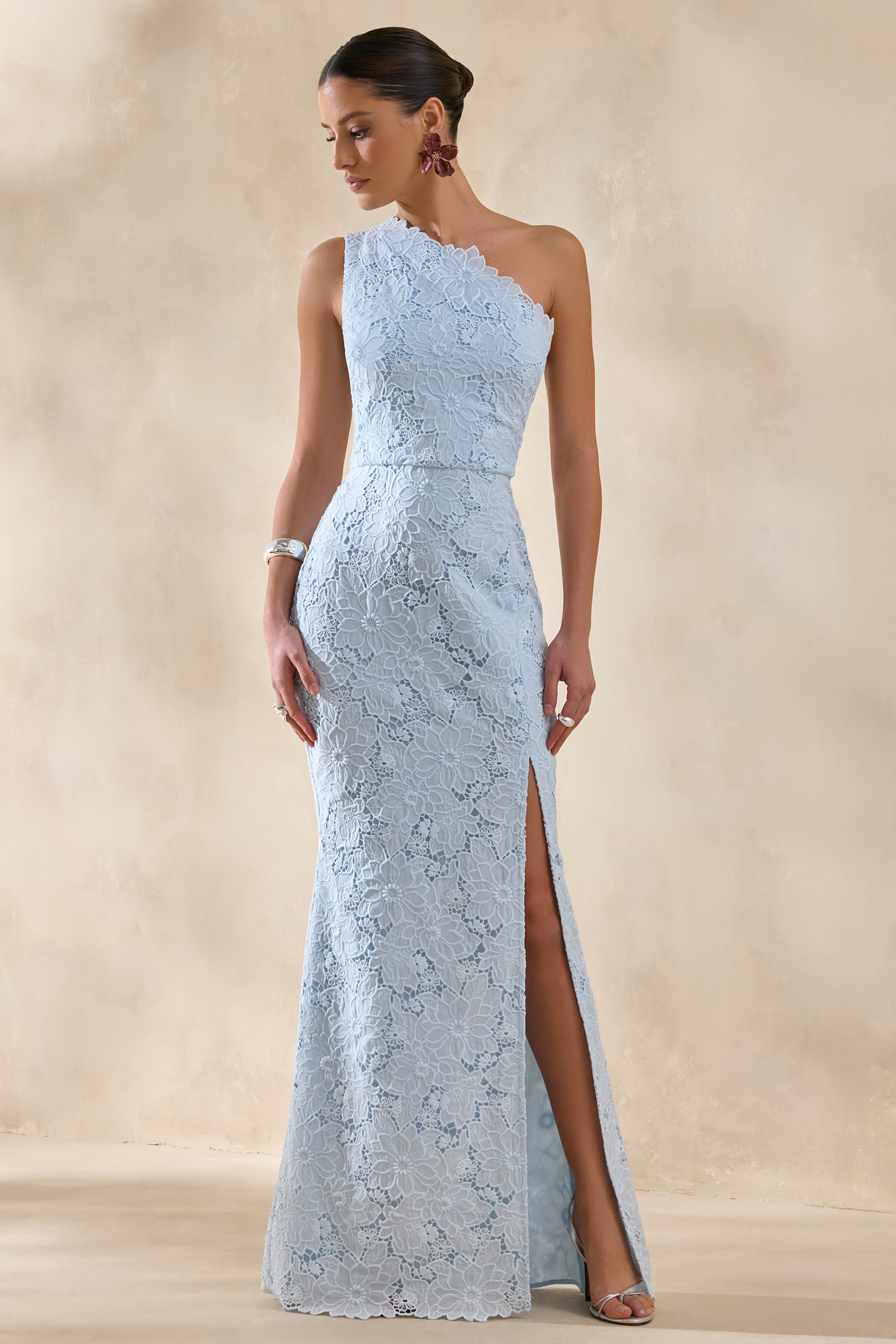 Lunia | Powder Blue Broderie Asymmetric-Neck Maxi Dress
