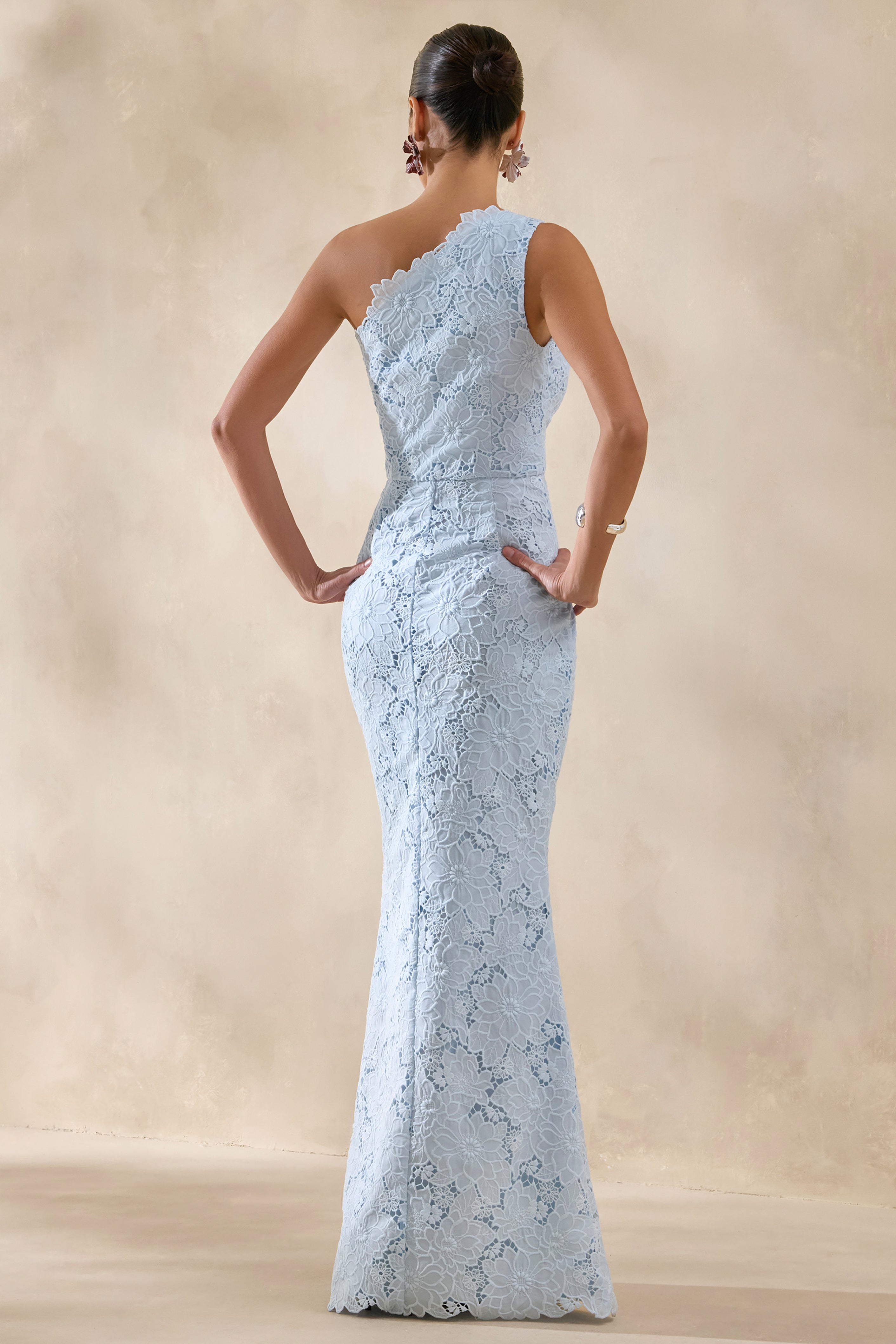 Lunia | Powder Blue Broderie Asymmetric-Neck Maxi Dress