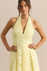 Maribel | Lemon Lace Plunge-Neck Midi Dress