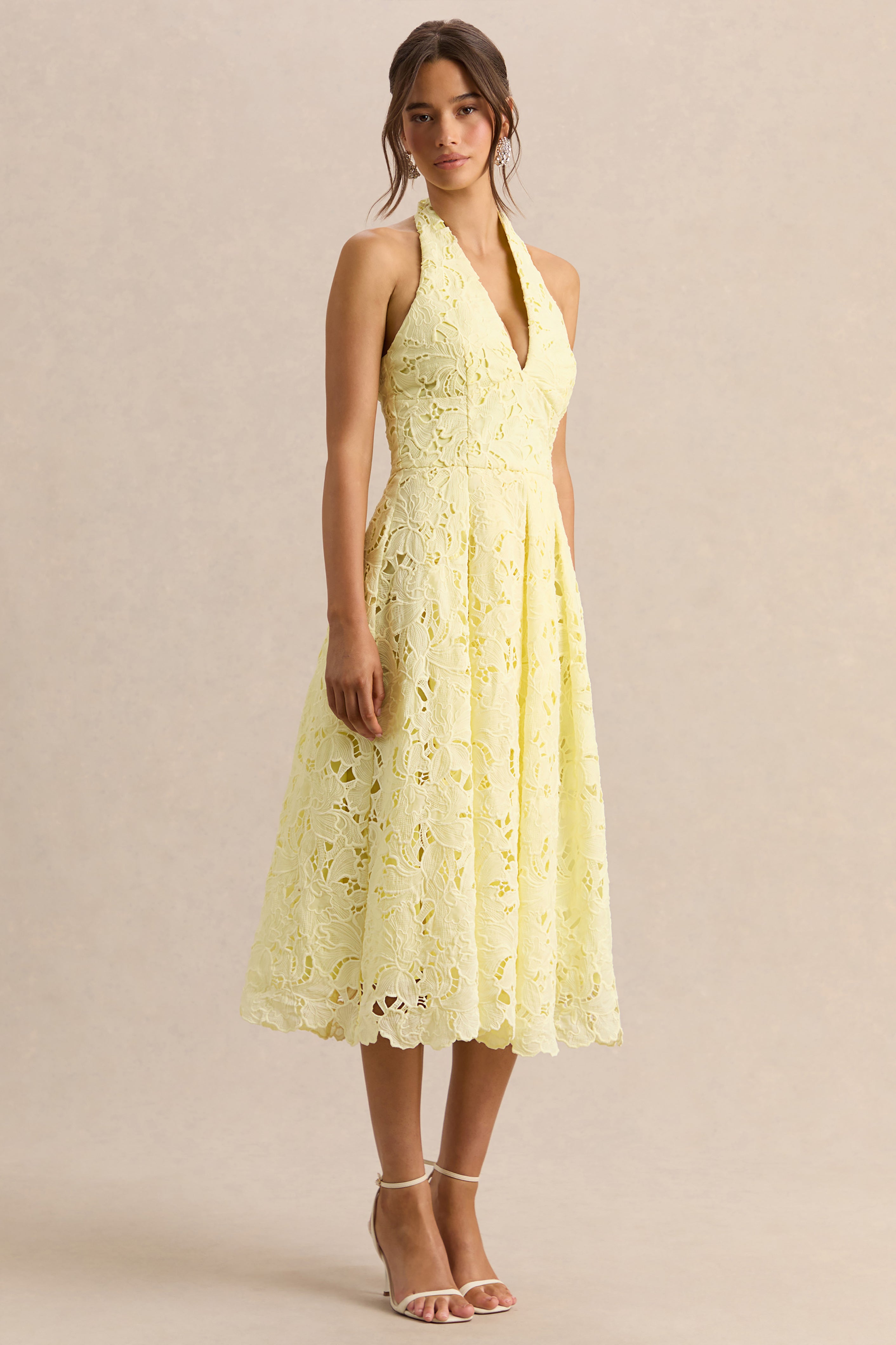 Maribel | Lemon Lace Plunge-Neck Midi Dress