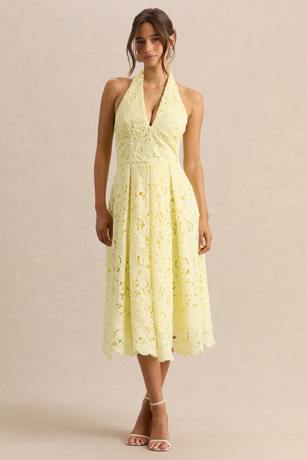 Maribel | Lemon Lace Plunge-Neck Midi Dress