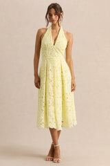 Maribel | Lemon Lace Plunge-Neck Midi Dress