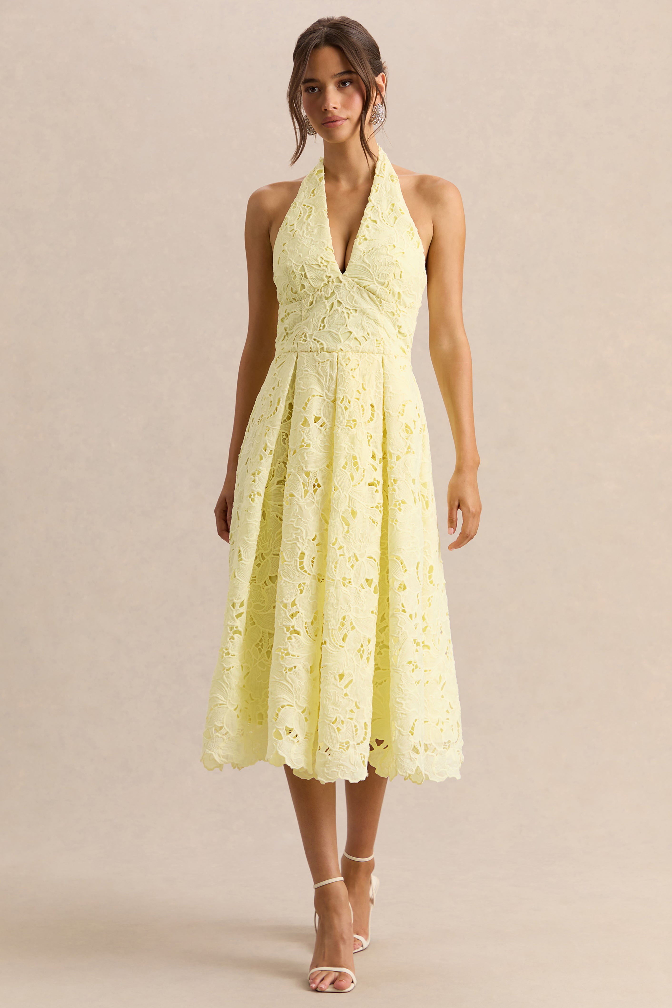 Maribel | Lemon Lace Plunge-Neck Midi Dress