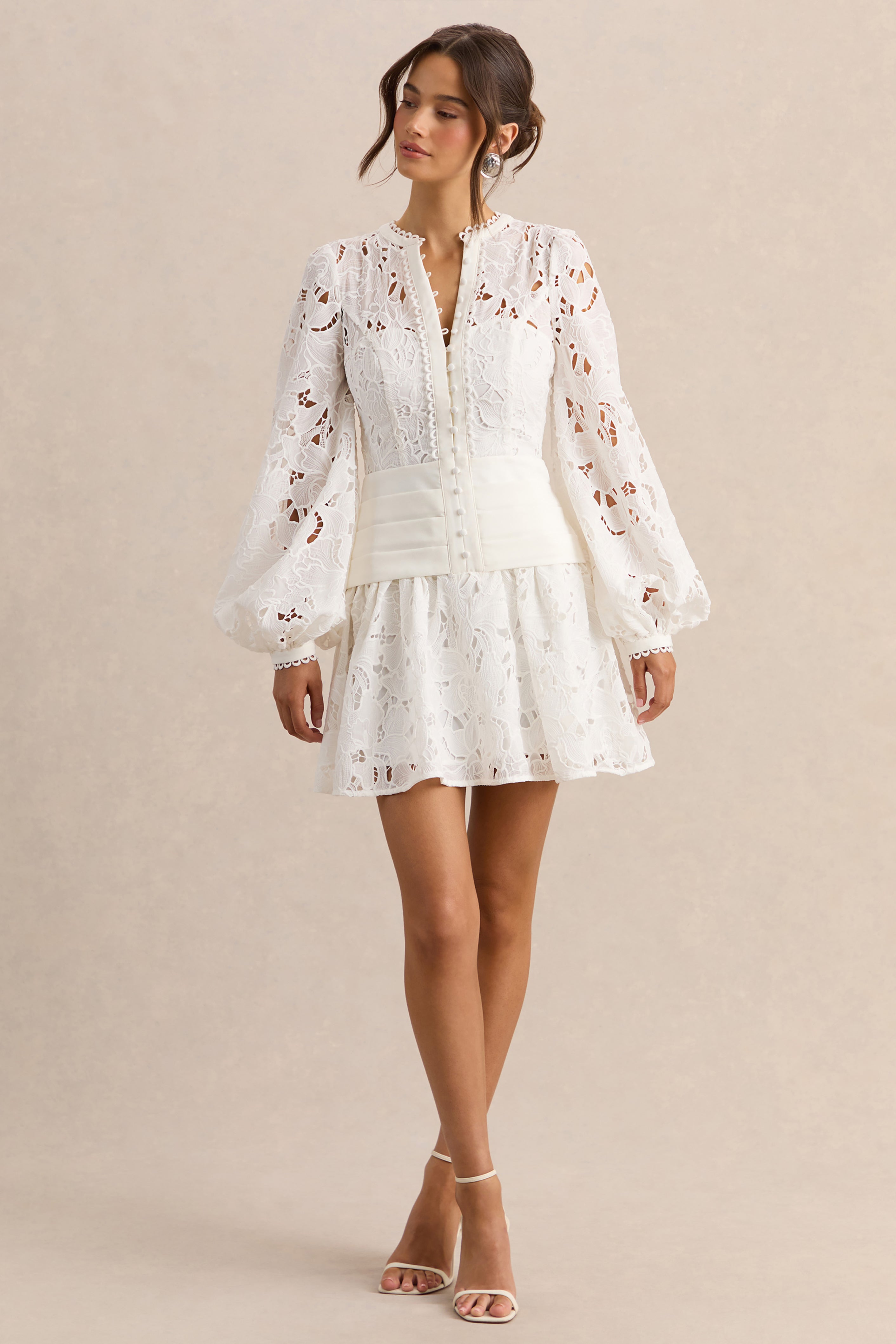 Helena | White Crew-Neck Mini Dress With Puff-Sleeves and Pleated Skirt