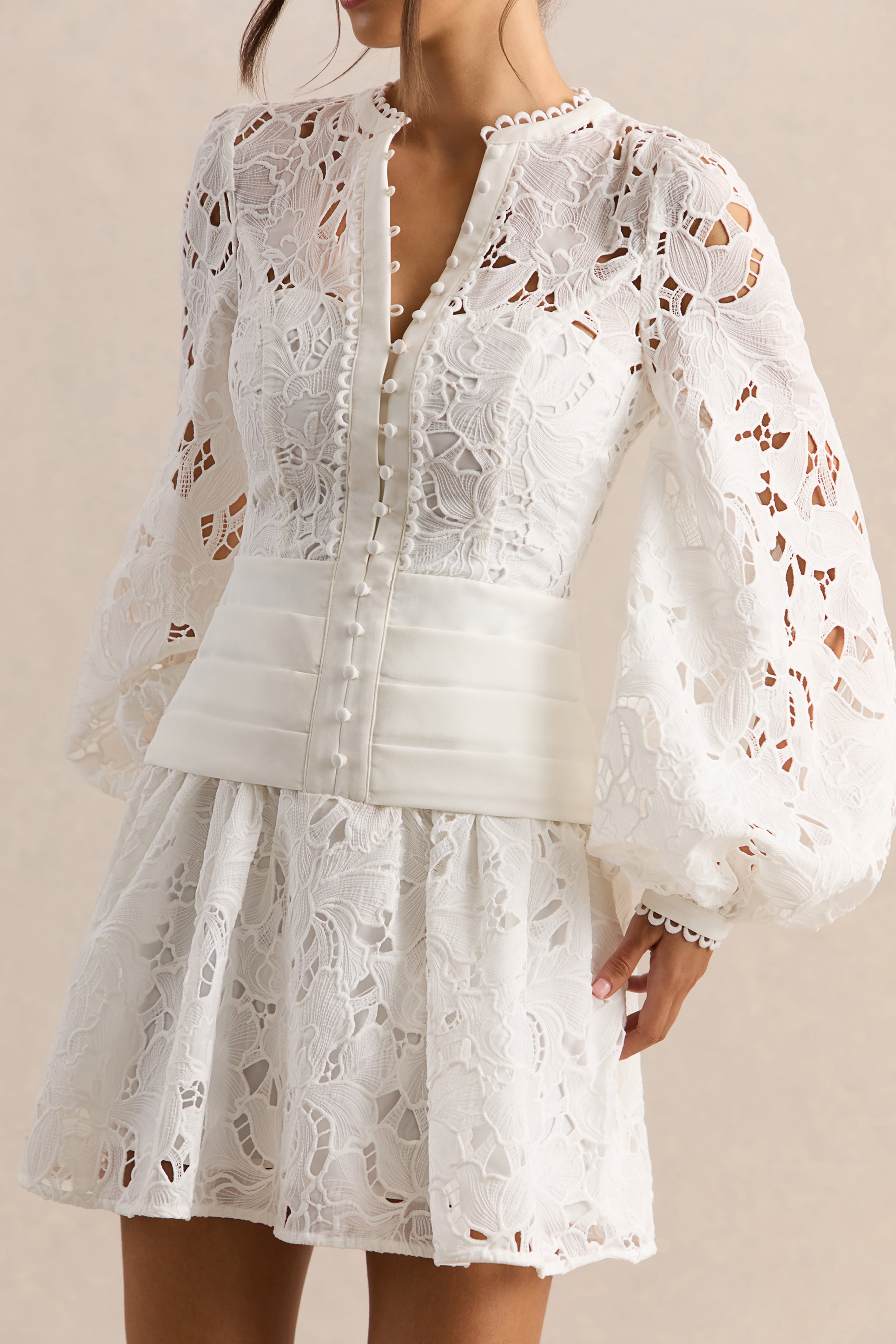 Helena | White Crew-Neck Mini Dress With Puff-Sleeves and Pleated Skirt