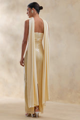 Stephanie | Lemon Sequin Bandeau Maxi Dress With Scarf