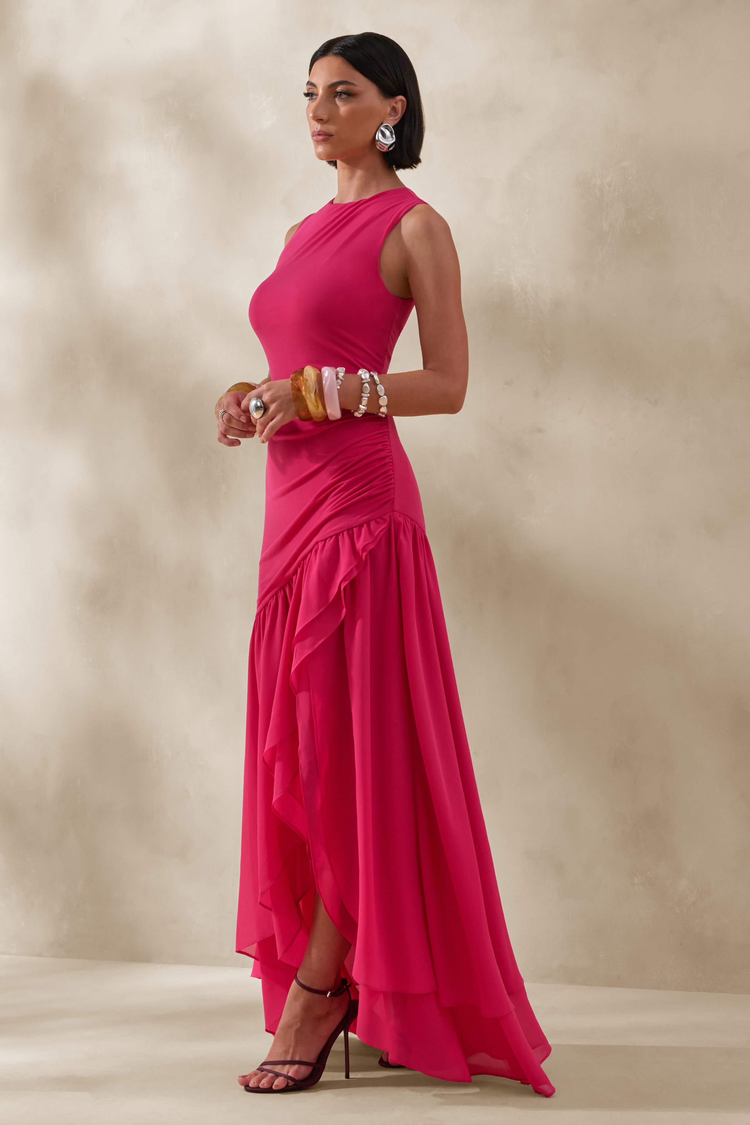 Noelia | Hot Pink High-Neck Maxi Dress With Ruffled Detailing