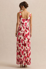 Danika | Hot Pink Floral Print Square-Neck Belted Maxi Dress With Pleated Skirt