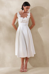 Maelle | White Scoop-Neck Midi Dress With Corsage Detailing