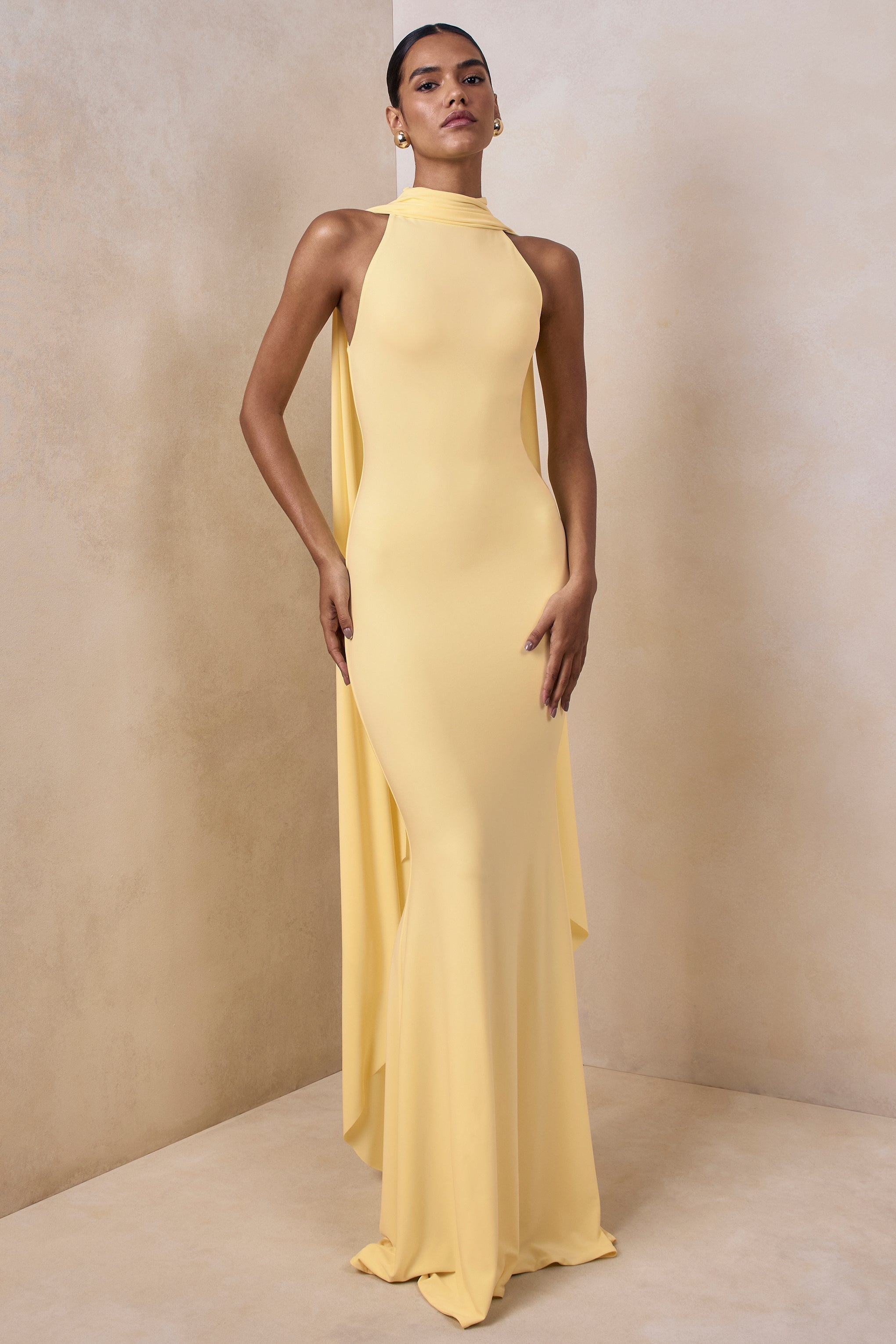Cordy | Lemon High-Neck Maxi Dress With Cape