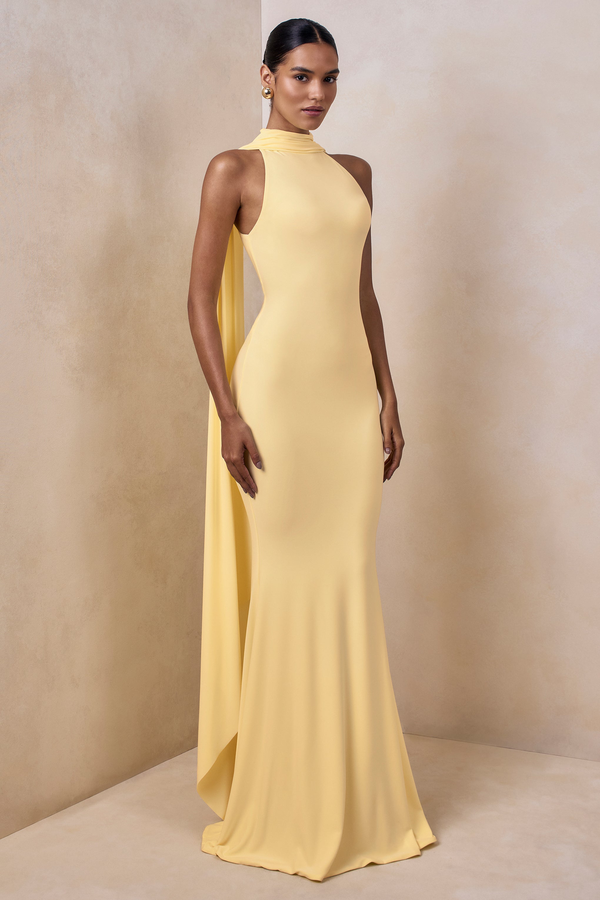Cordy | Lemon High-Neck Maxi Dress With Cape