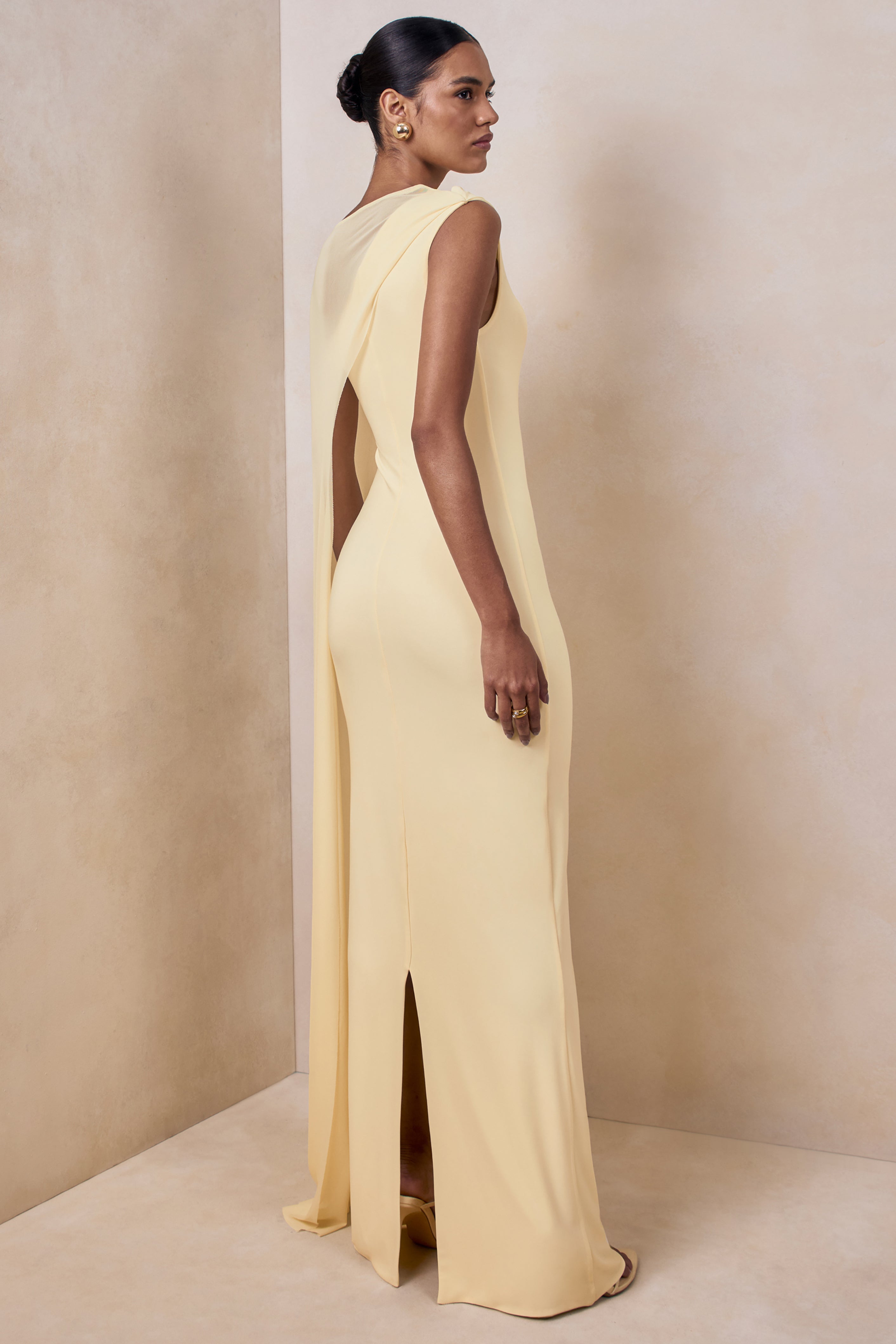 Mirelle | Lemon Boat-Neck Maxi Dress With Cape-Sleeve