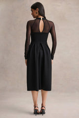 Melinda | Black Square-Neck Midi Dress With Mesh Detailing