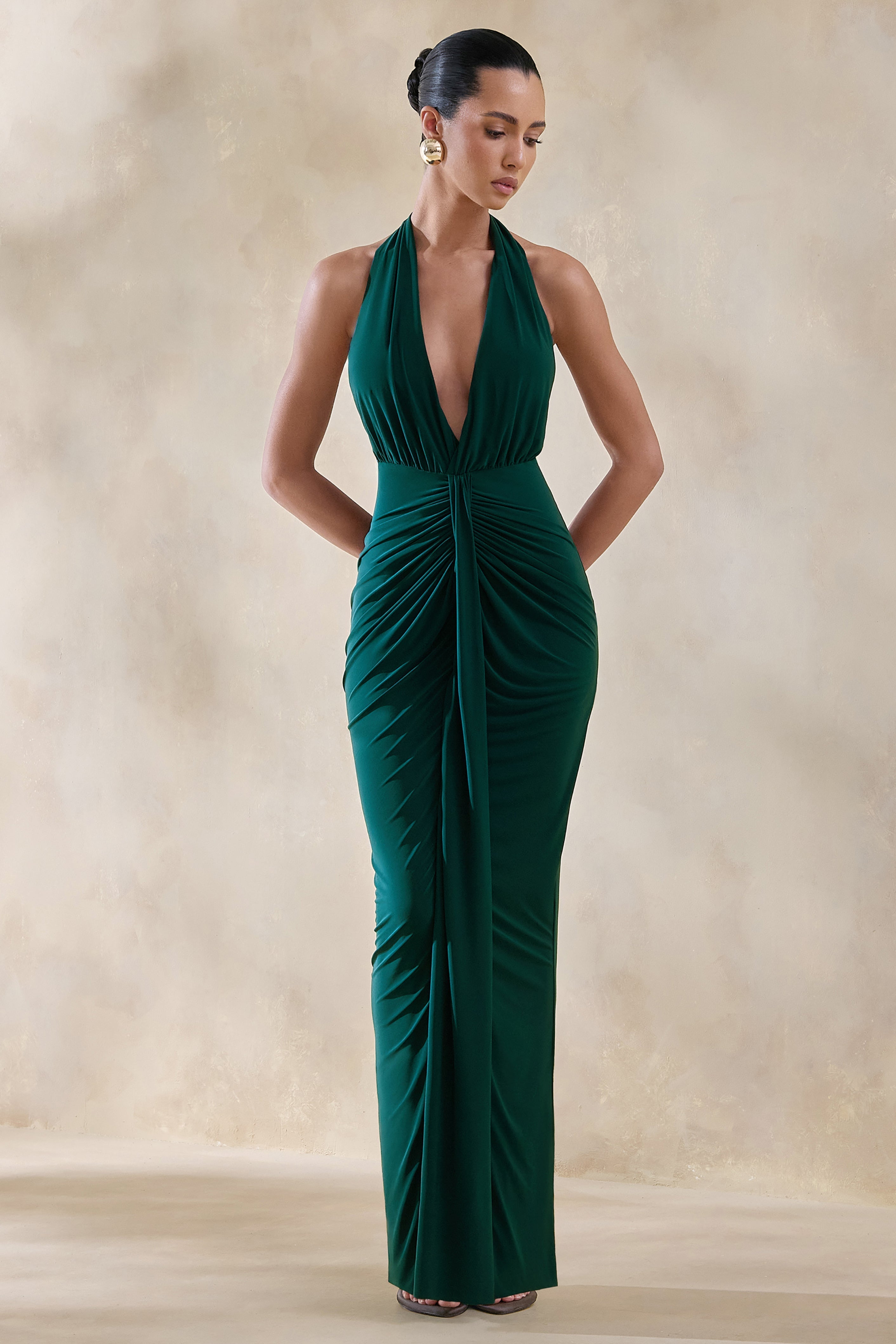 Lesley | Bottle Green Plunge-Neck Maxi Dress
